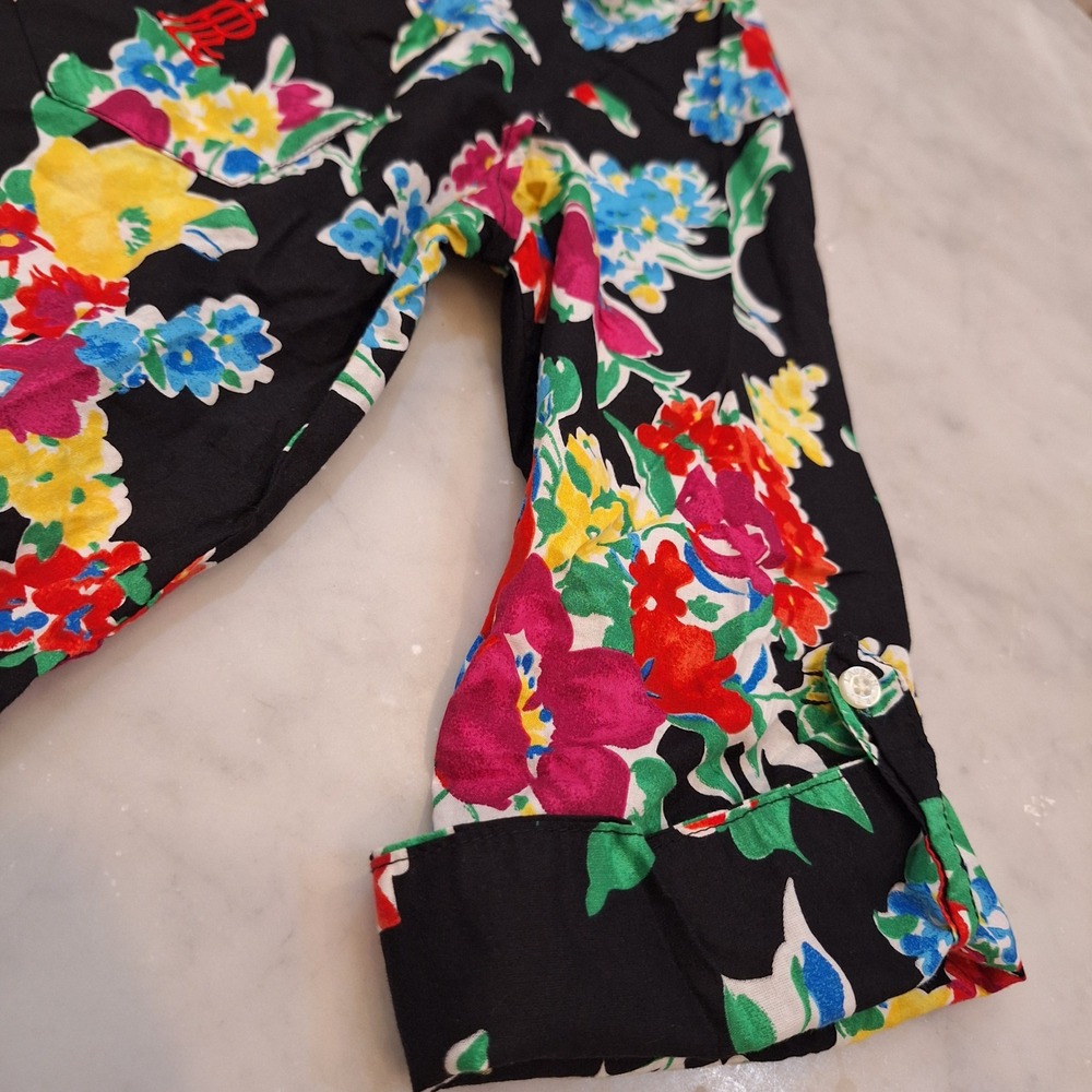 Lauren Ralph Lauren Shirt Dress S Blk Floral Cotton LRL Monogram Mini 3/4 Sleeve - Picture 8 of 9